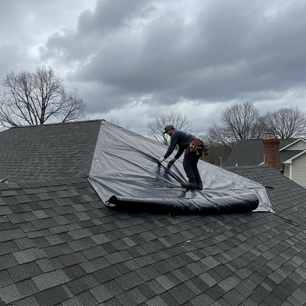 Roofer applying tarp for emergency storm damage repair, illustrating quick response in Raleigh residential roof repair in Raleigh NC shingle roof replacement in North Raleigh asphalt roofing installation in Cary NC home roof inspection in Wake Forest residential roofing contractor in Apex NC storm damage roof repair in Raleigh roof replacement for homes in Chapel Hill local residential roofer in Durham NC leak repair for residential roofs in Raleigh new roof installation in North Raleigh neighborhoods roof maintenance for Raleigh homes Raleigh NC residential roofing specialists roof repair for older homes in Raleigh trusted home roofing company in the Triangle residential roofing services near downtown Raleigh